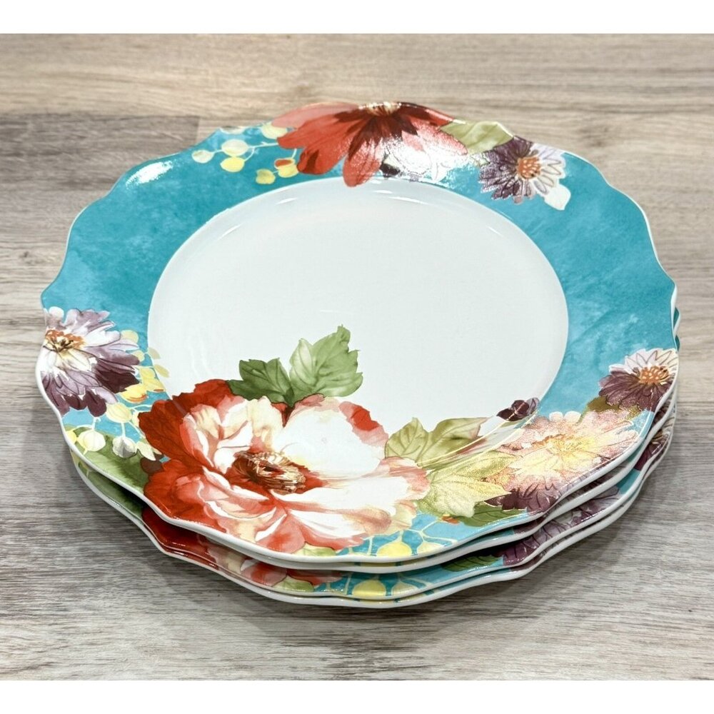 222 Fifth Natural Curiosities Dinner Plate Set Of 4 Floral Blue Scalloped Lot 1